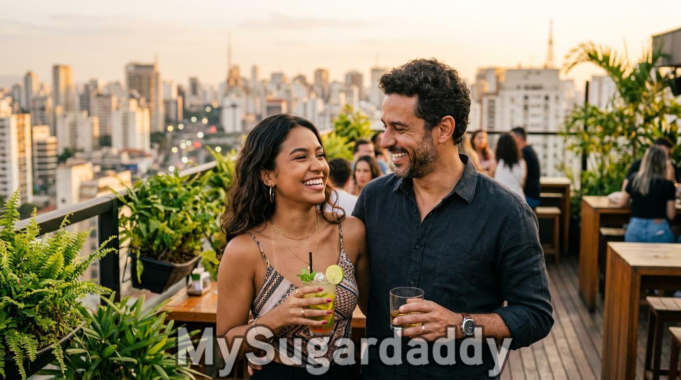 Casal em rooftop bar em São Paulo com um homem rico