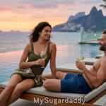 Casal em piscina de hotel de luxo