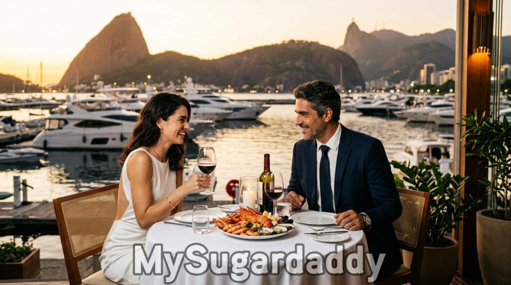 Como conhecer homens ricos no Rio de Janeiro: casal em jantar romântico com vista para a marina