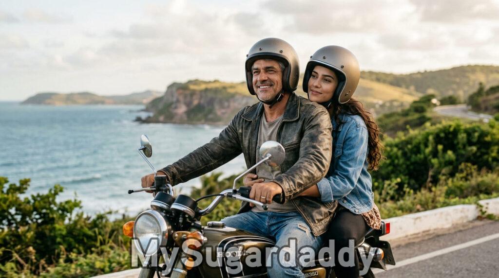 Relacionamento com homem mais velho: casal em moto aproveitando estrada litorânea