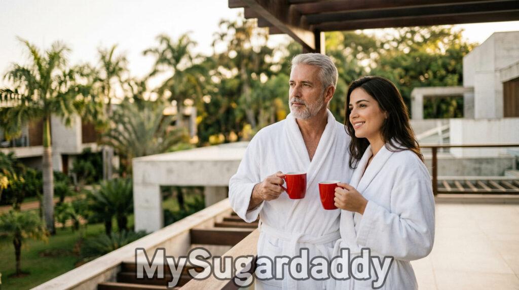 como encontrar um sugar daddy em Brasília: casal em roupões em terraço de resort de luxo