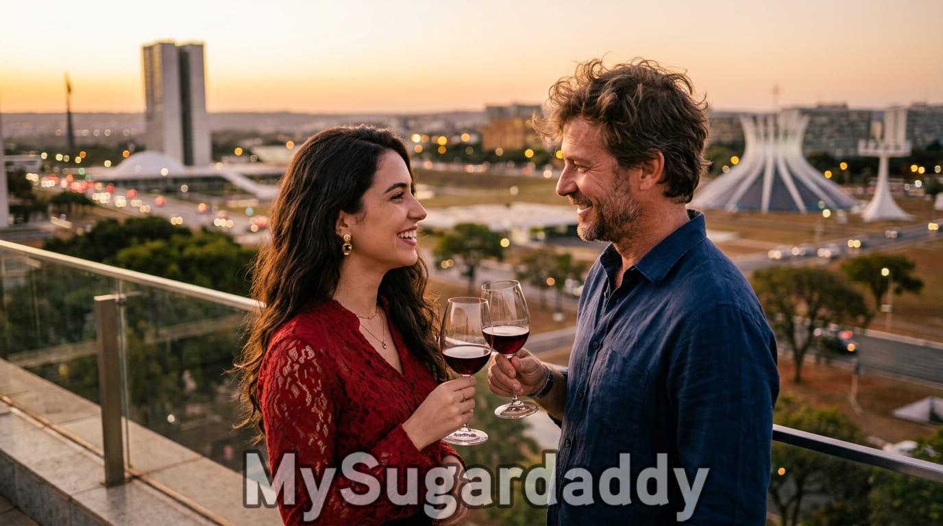 como encontrar um sugar daddy em Brasília: casal brindando em rooftop com vista para a Esplanada dos Ministérios