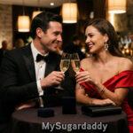 emas para conversar no primeiro encontro com um sugar daddy: casal elegante brindando em jantar de luxo