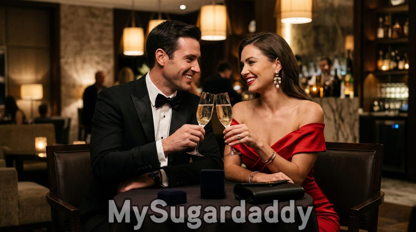 emas para conversar no primeiro encontro com um sugar daddy: casal elegante brindando em jantar de luxo