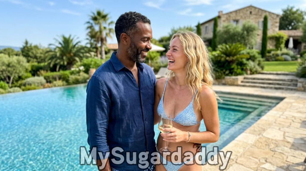 características de uma sugar baby: casal em namoro sugar curtindo villa de luxo com piscina